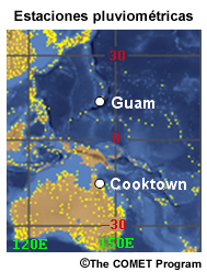 Ubicación de Guam y Cooktown y pluviómetros en el Pacífico occidental