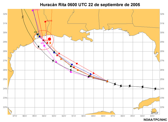 Ejemplo de círculos de pronóstico de GCPE correspondientes al error de la trayectoria potencial de consenso.