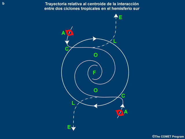 Trayectoria relativa al centroide de la interacción entre un par de ciclones tropicales que ilustra las cuatro etapas de interacción entre tormentas: i) aproximación (A) y captura (C); ii) órbita mutua (O); iii) fusión (F) o iv) escape (E) después de la liberación (L).