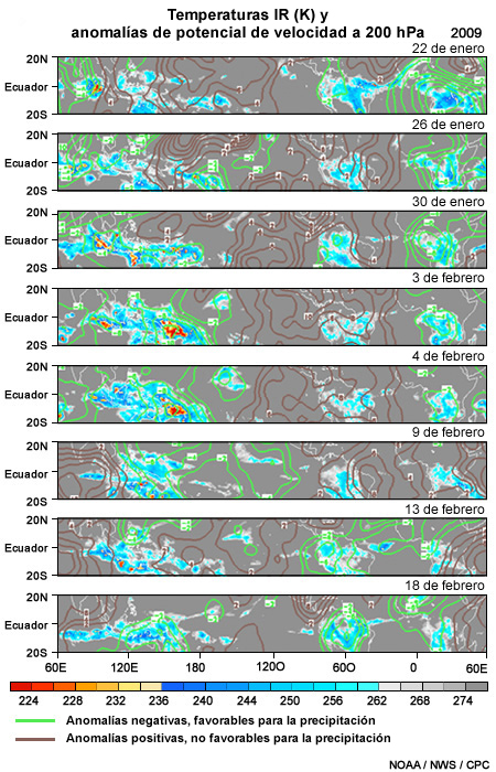 Ciclo parcial de la OMJ indicado por las temperaturas IR de los topes de las nubes y las anomalías de potencial de velocidad en 200 hPa.