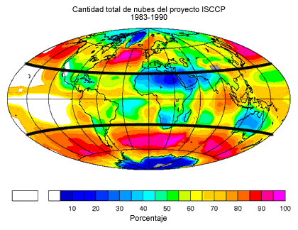 Cobertura de nubes fraccional total (%) anual promediada de los años 1983 a 1990, de ISCPP