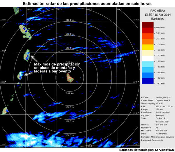 Precipitación acumulada en seis horas según el radar de Barbados a las 0755 UTC del 18 abril de 2014. Fíjese en las áreas de precipitación alineadas con los picos de las montañas de las islas de San Vicente, Santa Lucía y Martinica.