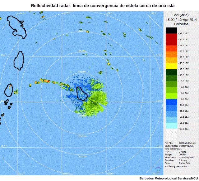 Reflectividad radar de un vórtice de estela al oeste de Barbados a las 1800 UTC del 16 de abril de 2014.