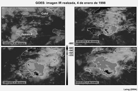 Imágenes satelitales IR realzadas de convección profunda asociada con las fuertes lluvias e inundaciones repentinas ocurridas en Jamaica el 4 de enero de 1998