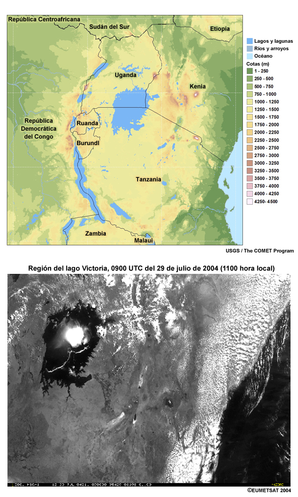 Mapa de elevación digital (en metros) de la región del lago Victoria y el Valle del Rift (izquierda) e imagen visible de Meteosat de las 0900 UTC del 29 de julio de 2004 con tormentas, frentes de racha y líneas de convergencia de mesoescala producto de las circulaciones térmicas diurnas.