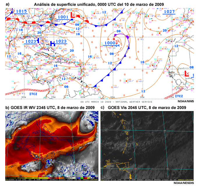 (a) Análisis de superficie unificado de las 0000 UTC del 10 de marzo de 2009; (b) imagen IR de vapor de agua realzada del GOES captada a las 2345 UTC del 8 de marzo de 2009; y (c) imagen visible del GOES de las 2045 UTC del 8 de marzo de 2009.