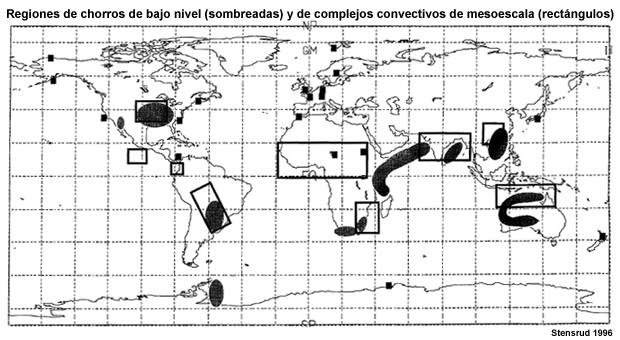 Regiones de chorros de bajo nivel y de formación frecuente de sistemas convectivos de mesoescala (de Stensrud 1996).