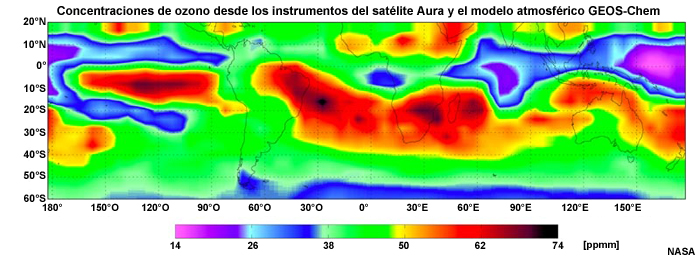 Concentraciones de ozono (partes por mil millones) calculadas a partir de los datos satelitales de Aura y el modelo atmosférico GEOS-Chem.