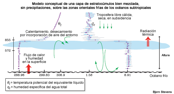 Representación esquemática de una capa de estratocúmulos sobre los océanos occidentales