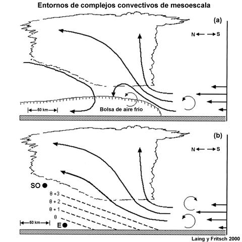 Comparación de la evolución una tormenta en dos entornos diferentes: las flechas giratorias indican las circulaciones afiliadas con la cizalladura del viento ambiental y la bolsa de aire frío generada por la corriente descendente húmeda. (a) La bolsa de aire frío se forma en el sector cálido. La circulación que esta produce se combina con la circulación asociada a la cizalladura e inclina el sistema corriente abajo y hacia la cizalladura (hacia el norte). Si la circulación provocada por la cizalladura es del signo opuesto, la circulación de la bolsa de aire frío predomina sobre la cizalladura y se inclina en hacia la cizalladura (el norte) por encima de la bolsa de aire frío. (b) El chorro de bajo nivel pasa por encima de una zona frontal. La flotabilidad negativa de las corrientes descendentes húmedas no es suficiente para penetrar hasta la base de la capa aire frío de escala sinóptica, de modo que no se forma una bolsa de aire frío de mesoescala en la superficie. Las indicaciones SO y E se refieren a la dirección del viento, del sudoeste y este, respectivamente. El borde del sistema nuboso tiene forma de coliflor.