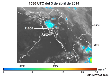 Imagen de estimación multisensor de la intensidad de precipitación (Multi-Sensor Precipitation Estimate, MPE) del satélite Meteosat Segunda Generación centrada en un SCM que generó lluvias intensas, vientos racheados y granizo sobre Bangladesh, y puso fin de forma prematura a las semifinales de la Copa del Mundo World Twenty20 del Consejo Internacional de Críquet el 3 de abril de 2014.