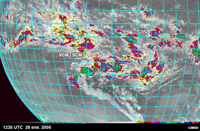 Imagen IR realzada de sistemas convectivos de mesoescala (SCM) y vórtices convectivos de mesoescala (VCM) sobre Australia entre el 26 y el 29 de enero de 2006.