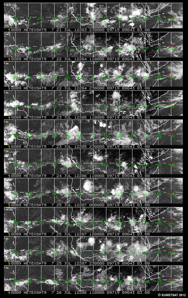 Diagrama de Hovmöller de imágenes IR de Meteosat 9 que muestra el movimiento de la nubosidad asociada a las ondas del este sobre África y el Atlántico tropical entre las 2300 UTC del 21 de julio y las 1100 UTC del 26 de julio de 2012.