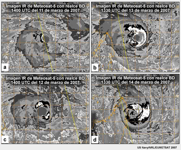 Realce IR-BD en imágenes del ciclón tropical Indlala (2001) con una presión central de (a) 994 hPa, (b) 984 hPa, (c) 967 hPa y (d) 927 hPa. 