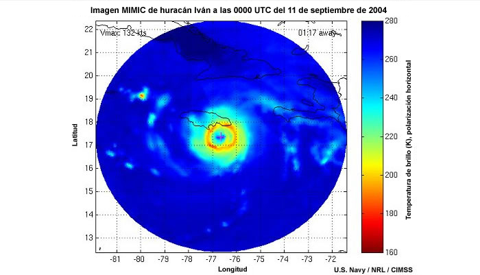  Imagen del huracán Iván tomada de una secuencia de microondas MIMIC (septiembre 2004) observada y generada mediante un proceso de transformación. 