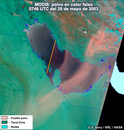 Imagen MODIS en falso color de nubes de polvo provenientes del desierto arábigo.