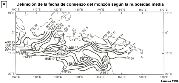 Fechas de comienzo del monzón definidas por el umbral de más del 30% de la cantidad promedio de nubes altas para la estación del monzón. En las regiones A y B, el monzón comienza antes del 15 y el 26 de diciembre, respectivamente.
