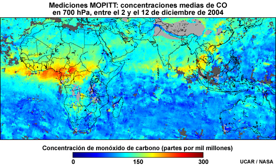 Mediciones MOPITT: concentraciones medias de CO en 700 hPa entre el 2 y el 12 de diciembre de 2004