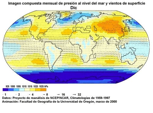 Animación de imágenes mensuales compuestas de presión al nivel del mar y vientos de superficie