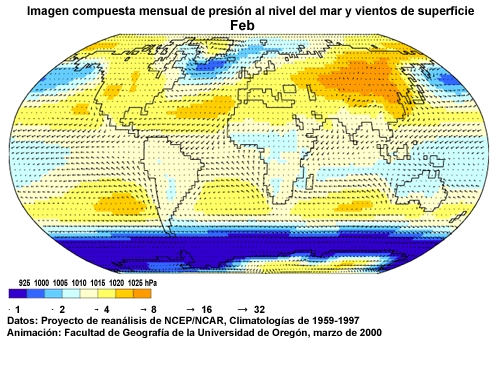 Animación de imágenes mensuales compuestas de presión al nivel del mar y vientos de superficie