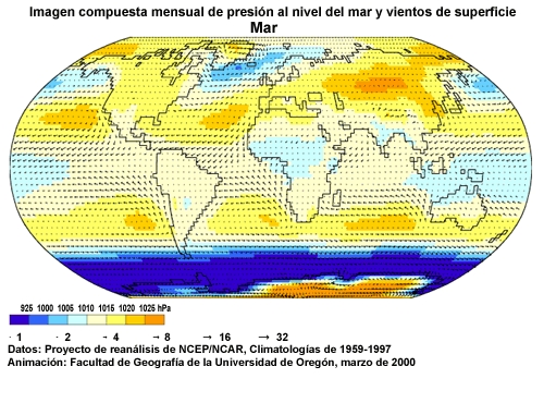Animación de imágenes mensuales compuestas de presión al nivel del mar y vientos de superficie