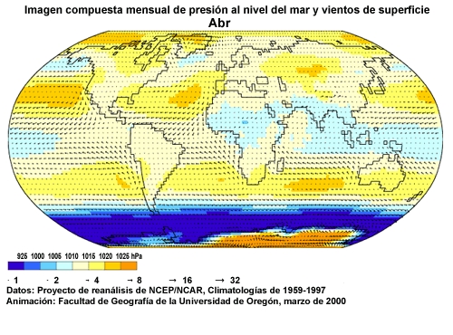Animación de imágenes mensuales compuestas de presión al nivel del mar y vientos de superficie