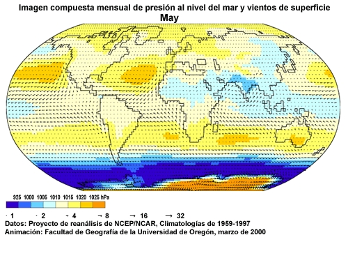 Animación de imágenes mensuales compuestas de presión al nivel del mar y vientos de superficie