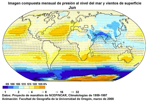 Animación de imágenes mensuales compuestas de presión al nivel del mar y vientos de superficie