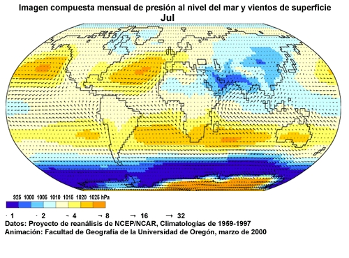 Animación de imágenes mensuales compuestas de presión al nivel del mar y vientos de superficie