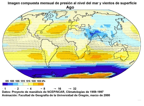 Animación de imágenes mensuales compuestas de presión al nivel del mar y vientos de superficie