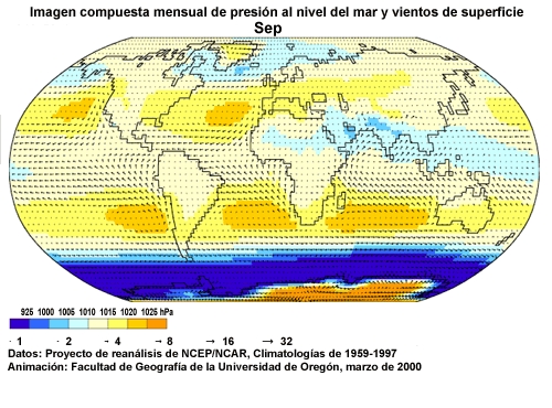 Animación de imágenes mensuales compuestas de presión al nivel del mar y vientos de superficie