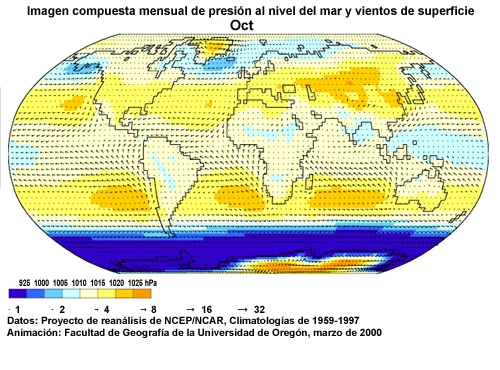 Animación de imágenes mensuales compuestas de presión al nivel del mar y vientos de superficie