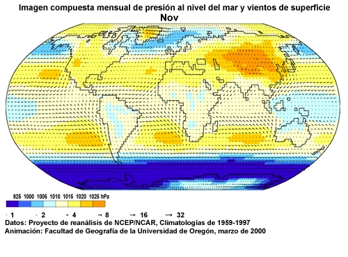 Animación de imágenes mensuales compuestas de presión al nivel del mar y vientos de superficie