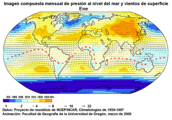 Presión al nivel del mar y vientos en la superficie para enero.