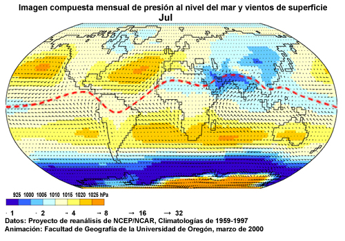 Presión al nivel medio del mar, vectores del viento en la superficie del mar y posición de la ZCIT, julio.
