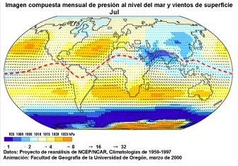 Presión al nivel del mar y vientos en la superficie para julio.