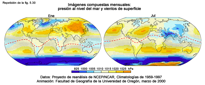 Presión de superficie, vectores del viento y ZCIT en Ene y Jul