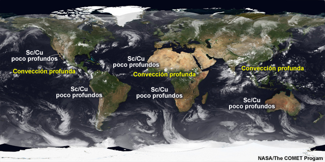 Imagen satelital en el infrarrojo captada a las 1200 UTC del 22 de agosto de 2014. Se notan un cinturón intermitente de convección profunda en la vaguada ecuatorial y extensas regiones de estratocúmulos y cúmulos de escaso desarrollo vertical entre las regiones tropicales y subtropicales.