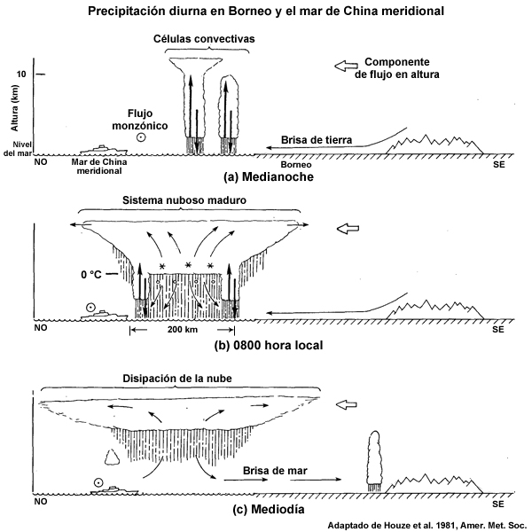 Diagrama conceptual de la formación de un complejo convectivo de mesoescala cerca de la costa de Borneo, sobre el mar de China Meridional.