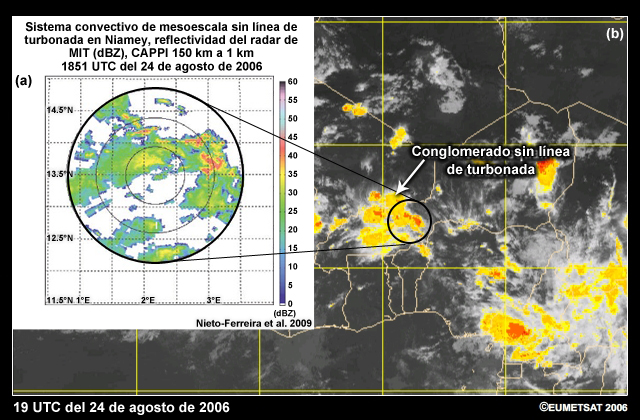 (a) Reflectividad radar a las 1851 UTC y (b) imagen IR realzada de las 1900 UTC de un conglomerado sin línea de turbonada ocurrido en Níger, África occidental, el 24 de agosto de 2006. En la imagen (b), el círculo negro identifica la zona de alcance del radar de la imagen (a).