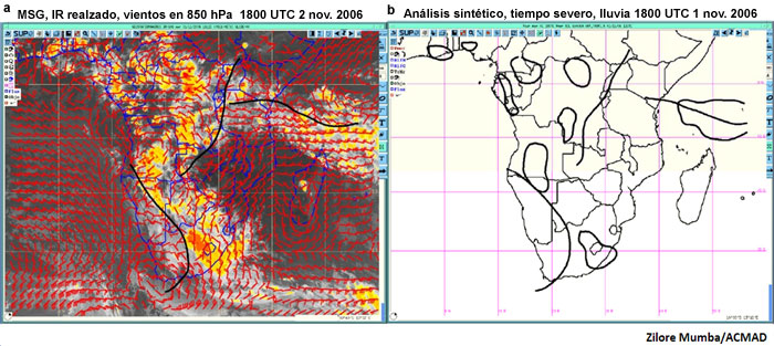 Análisis del modelo ARPEGE de vientos en 850 hPa con imagen satelital IR realzada