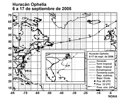 Mejor trayectoria del Centro Nacional de Huracanes para el huracán Ophelia.
