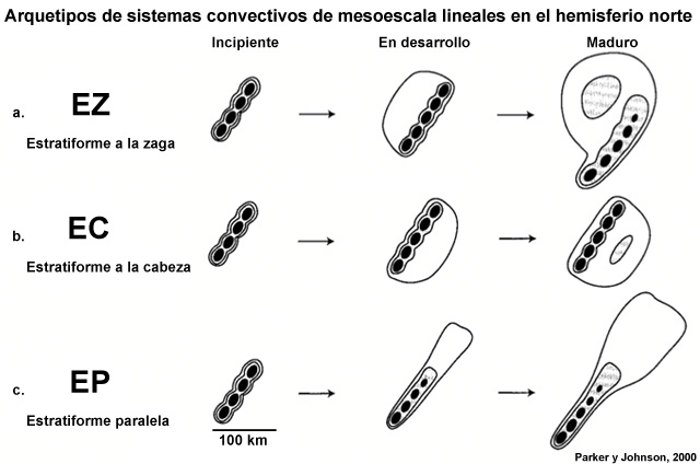 Tres arquetipos de sistemas convectivos de mesoescala lineales y su evolución desde la etapa incipiente hasta la madurez (basados en imágenes de radar).