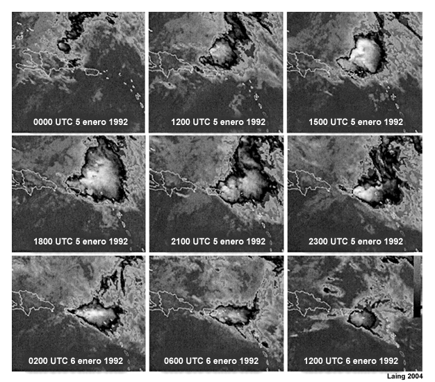 Imágenes satelitales IR realzadas (GOES con realce MB) de un sistema que provocó inundaciones repentinas en Puerto Rico.