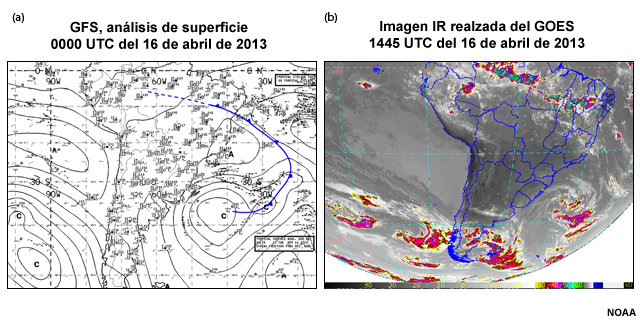 (a) Análisis GFS de superficie para las 0000 UTC del 16 de abril de 2013. (b) Imagen IR realzada del GOES de las 1445 UTC del 16 de abril de 2013.