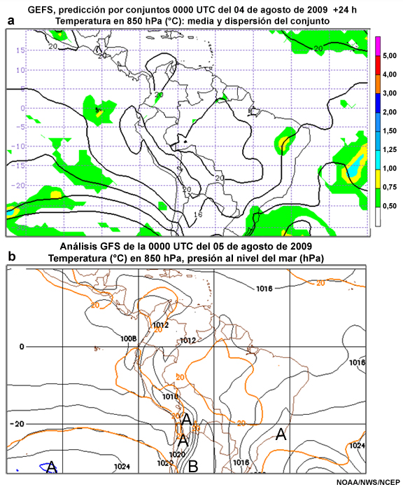 Media y dispersión del conjunto para la temperatura a 850 hPa, análisis de temperatura a 850 hPa y presión al nivel del mar.
