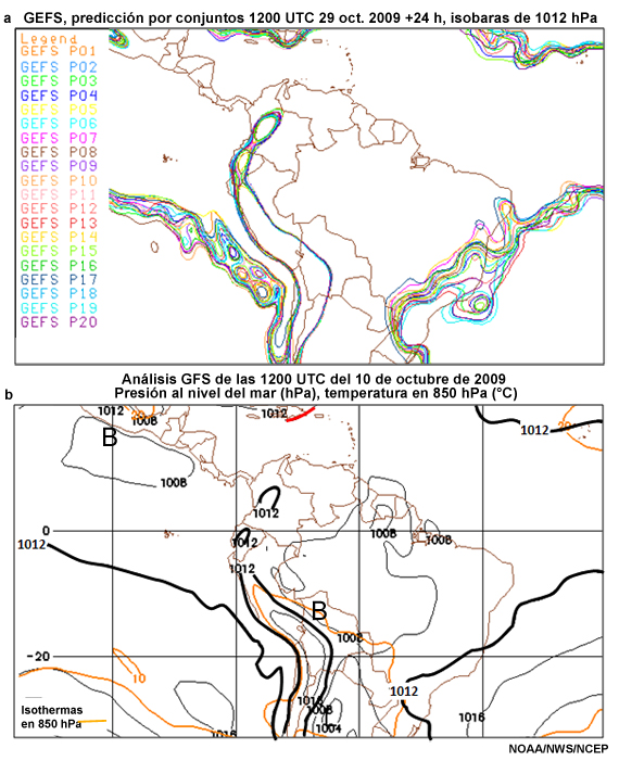 a) Diagrama de espaguetis de los pronósticos a 24 h del modelo GEFS para la isobara de 1012 hPa y (b) análisis de presión al nivel del mar, viento a 10 m y temperatura a 2 m.