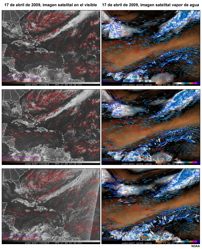 Secuencia de imágenes satelitales en el visible (izquierda) e imágenes de vapor de agua concurrentes (derecha).