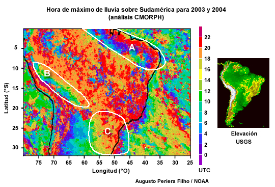 Hora del máximo de precipitación en Sudamérica, 2003-2004