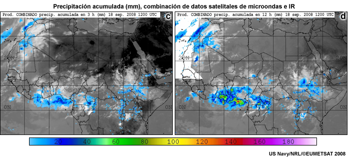Estimaciones de precipitación acumulada de productos fusionados de mediciones satelitales de microondas e IR: (c) acumulación en 3 h (d) acumulación en 12 h.